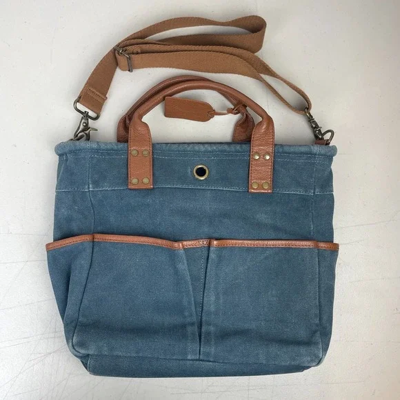 Levenger Tote Bag Denim Leather Trim 6 Pockets Purse Satchel Bucket Boho Pack